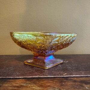Vintage Iridescent Marigold Carnival Glass Pedestal Diamond Candy Dish‎ Bowl